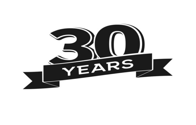 Vector 30 years anniversary logotype. Isolated black logo 30th jubilee on white background