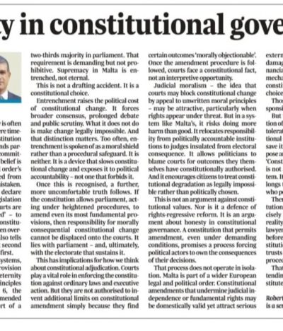 My article on ‘Constitutional Governance’ in Times of Malta